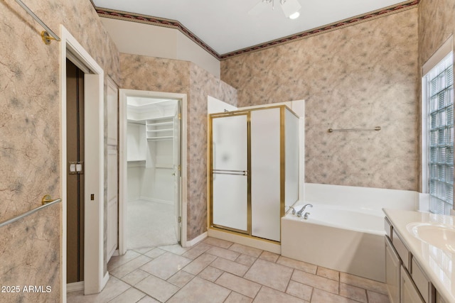 bathroom featuring vanity, a walk in closet, a bath, and a stall shower
