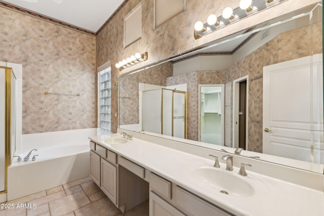 full bathroom featuring a sink, double vanity, a shower stall, and a bath