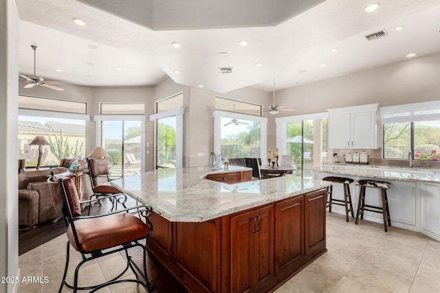 kitchen featuring tasteful backsplash, white cabinetry, a breakfast bar area, light stone countertops, and a spacious island