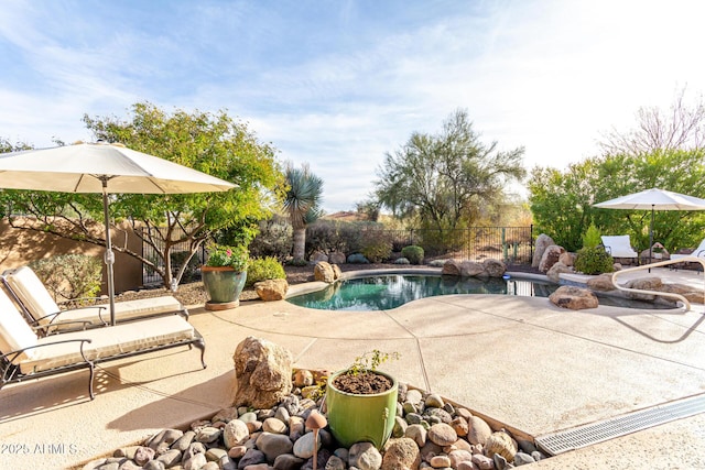 view of swimming pool featuring a patio area