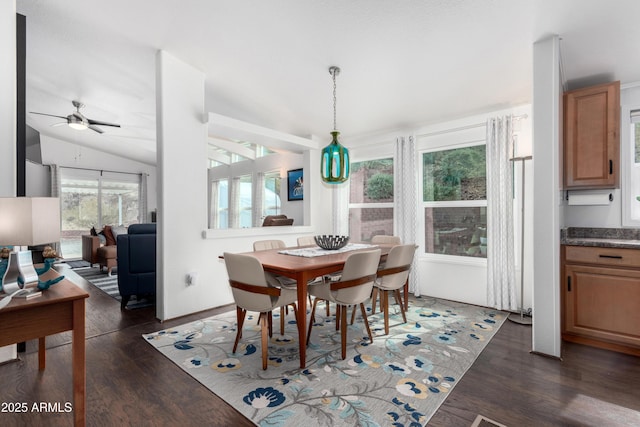 dining area with lofted ceiling, dark wood-type flooring, and a ceiling fan