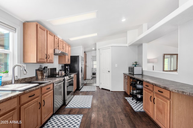 kitchen featuring dark wood-style floors, dark countertops, appliances with stainless steel finishes, a sink, and under cabinet range hood