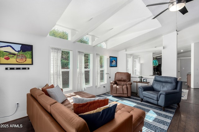 living room with dark wood-style flooring, vaulted ceiling with beams, and ceiling fan