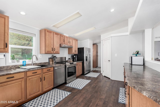 kitchen featuring dark wood finished floors, dark countertops, appliances with stainless steel finishes, under cabinet range hood, and a sink