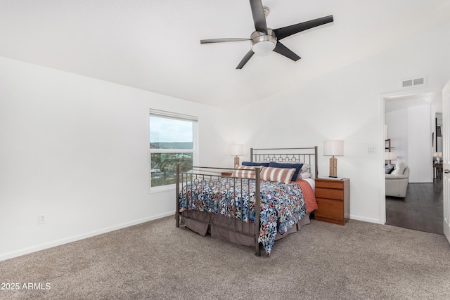 bedroom featuring carpet floors, baseboards, visible vents, and ceiling fan