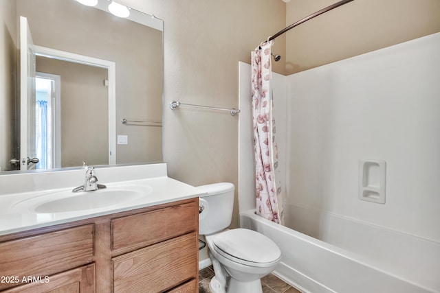 full bathroom featuring toilet, vanity, shower / tub combo with curtain, and tile patterned flooring