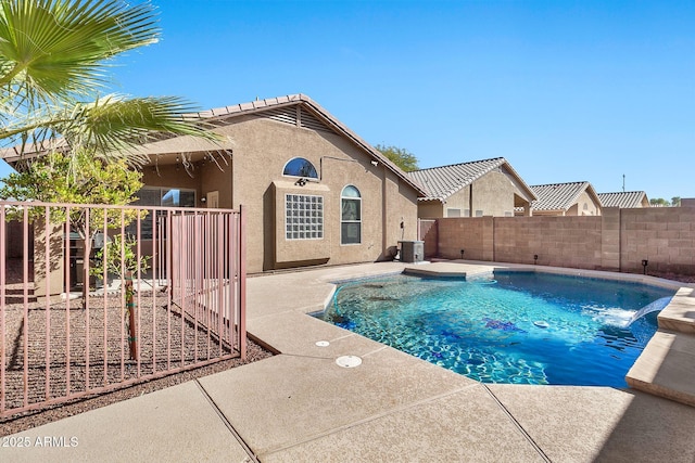 view of swimming pool featuring central air condition unit and a patio