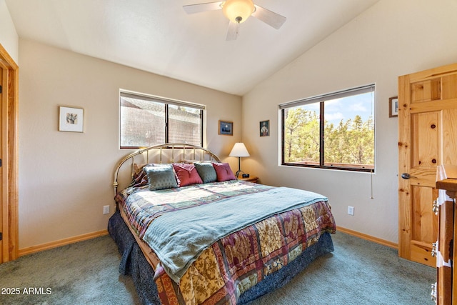 2761 Jaguar Cir, Overgaard, AZ 85933 - carpeted bedroom featuring multiple windows, vaulted ceiling, baseboards, and ceiling fan