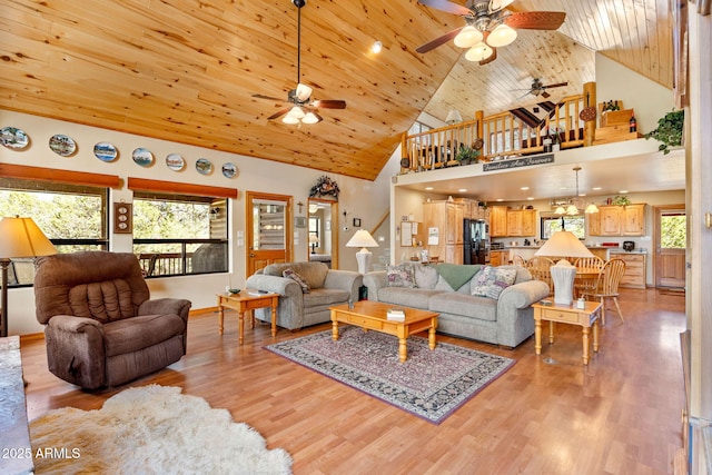 2761 Jaguar Cir, Overgaard, AZ 85933 - living room featuring a ceiling fan, high vaulted ceiling, light wood-style flooring, wooden ceiling, and baseboards