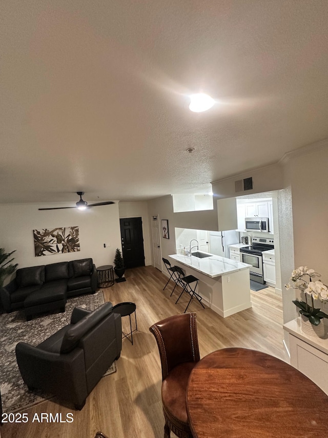 5345 E Van Buren St Unit 216, Phoenix, AZ 85008 - living area featuring light wood-style flooring, a textured ceiling, and a ceiling fan