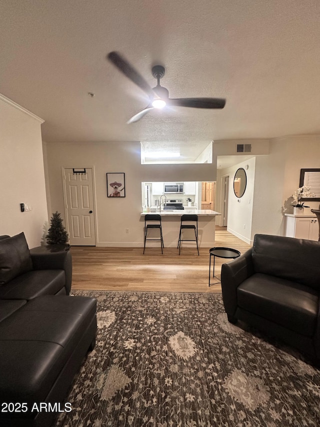 5345 E Van Buren St Unit 216, Phoenix, AZ 85008 - living room featuring light wood finished floors, ceiling fan, and a textured ceiling