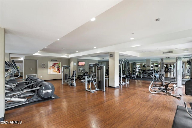 exercise room featuring a raised ceiling and dark hardwood / wood-style floors