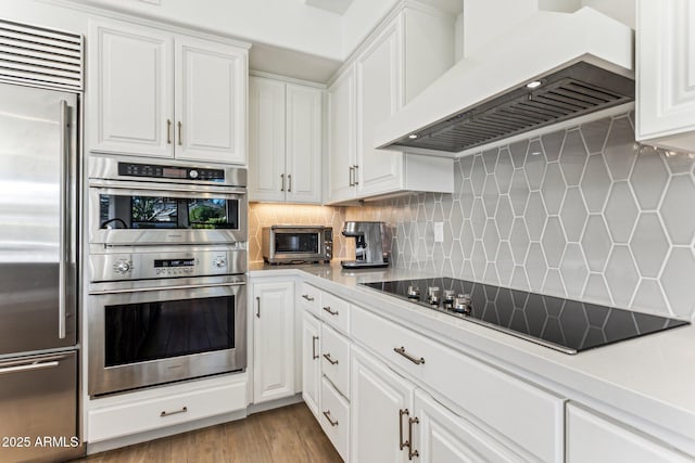 kitchen featuring light hardwood / wood-style floors, stainless steel appliances, custom range hood, and white cabinets