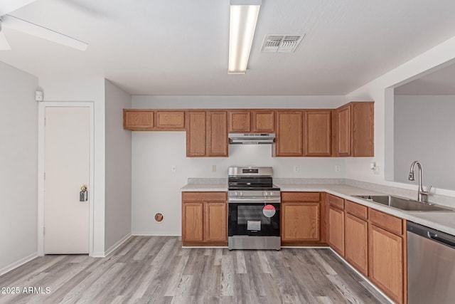 kitchen with appliances with stainless steel finishes, a sink, light wood-style floors, under cabinet range hood, and visible vents