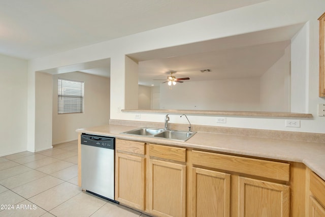 kitchen featuring stainless steel dishwasher, ceiling fan, sink, light tile patterned floors, and light brown cabinets