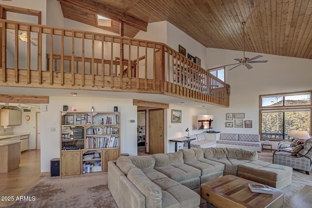 living room with ceiling fan, high vaulted ceiling, light hardwood / wood-style floors, and wooden ceiling