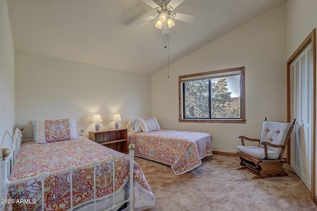 bedroom with high vaulted ceiling, light colored carpet, and ceiling fan