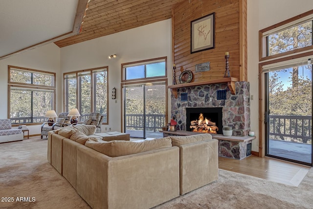 living room featuring a healthy amount of sunlight, a fireplace, and high vaulted ceiling