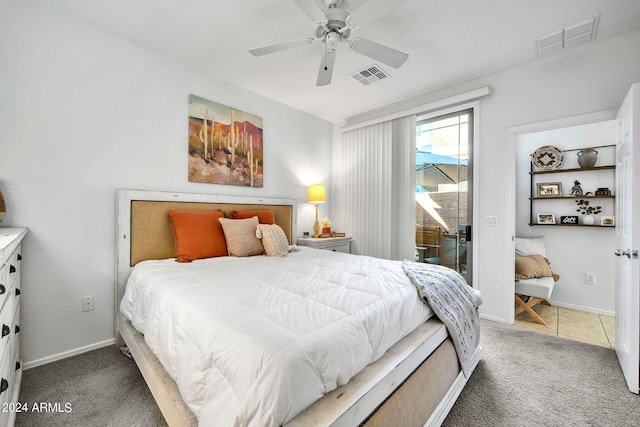 bedroom with ceiling fan, access to exterior, and dark colored carpet