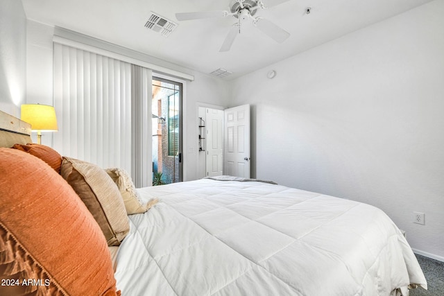 carpeted bedroom featuring access to exterior and ceiling fan