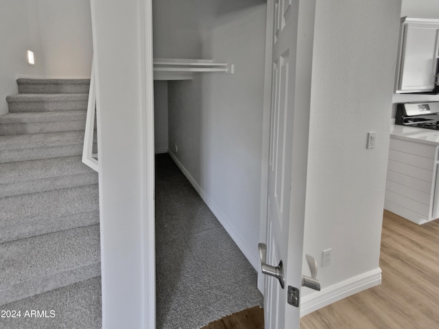 stairway with hardwood / wood-style flooring