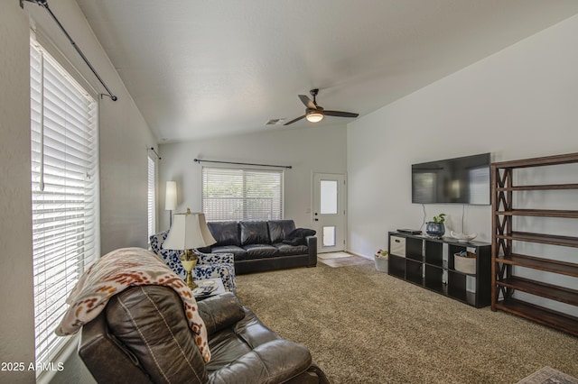 4369 E Coal St, San Tan Valley, AZ 85143 - living area featuring lofted ceiling, carpet, and ceiling fan