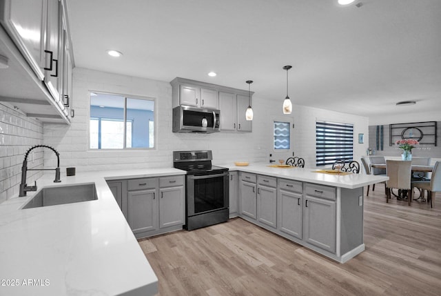 29835 N 56th St N, Cave Creek, AZ 85331 - kitchen featuring appliances with stainless steel finishes, a sink, gray cabinetry, a peninsula, and backsplash