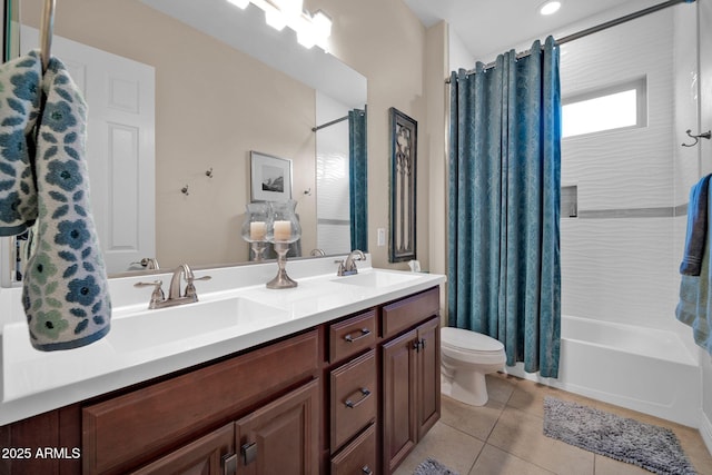 full bathroom featuring toilet, shower / bath combination with curtain, tile patterned floors, and vanity