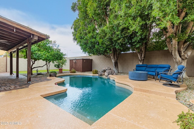 view of pool with a fenced backyard, an outdoor living space, a fenced in pool, and a patio