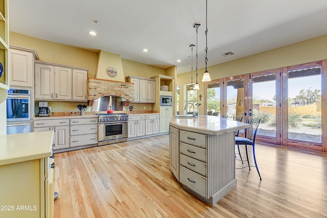 9415 N 124th St, Scottsdale, AZ 85259 - kitchen with open shelves, appliances with stainless steel finishes, a sink, light countertops, and light wood finished floors