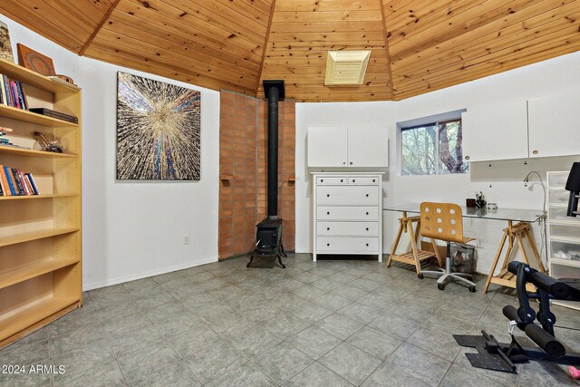 home office featuring wood ceiling and high vaulted ceiling