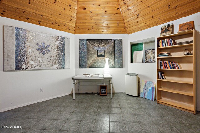 office featuring high vaulted ceiling and wooden ceiling