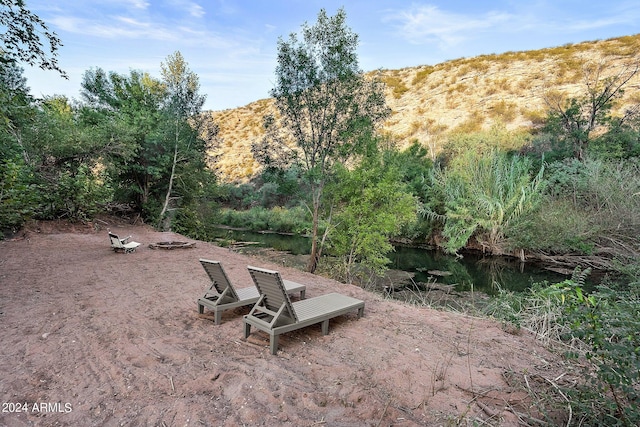 view of patio with a mountain view