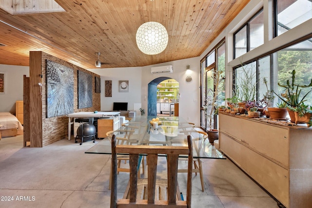 dining room featuring wood ceiling and a wall unit AC