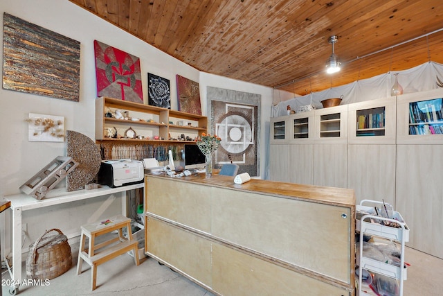 office featuring wooden ceiling and light colored carpet