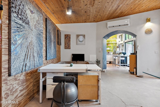 office space featuring wooden ceiling and a wall mounted AC