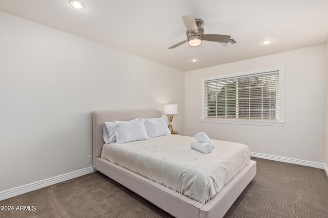 bedroom with recessed lighting, visible vents, carpet floors, and baseboards