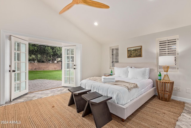 bedroom with baseboards, a ceiling fan, lofted ceiling, and access to outside