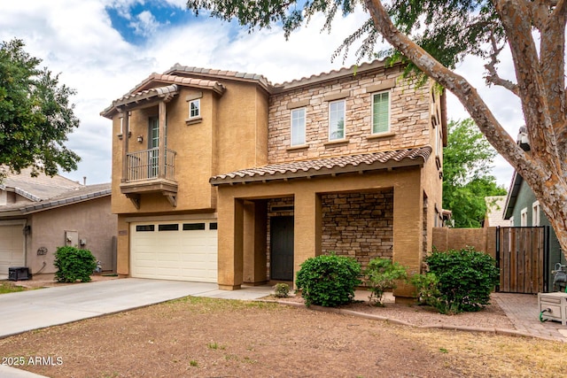 view of front of house with a balcony, stone siding, stucco siding, and a garage
