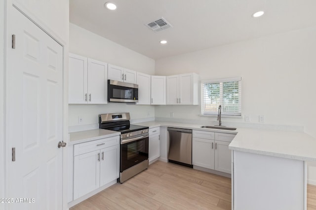 kitchen featuring stainless steel appliances, light countertops, visible vents, a sink, and a peninsula