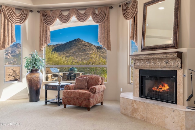 sitting room featuring a warm lit fireplace and carpet