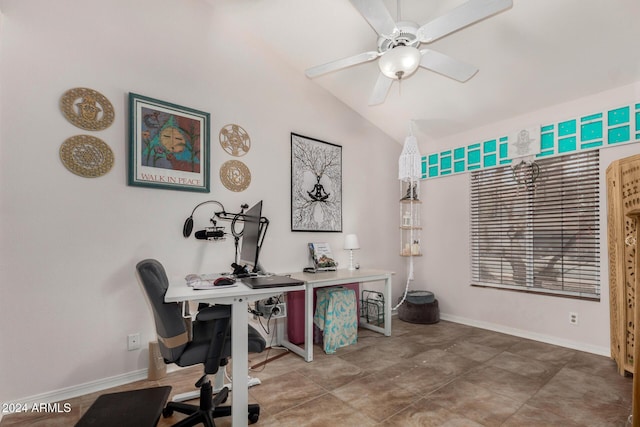 office area with ceiling fan and lofted ceiling