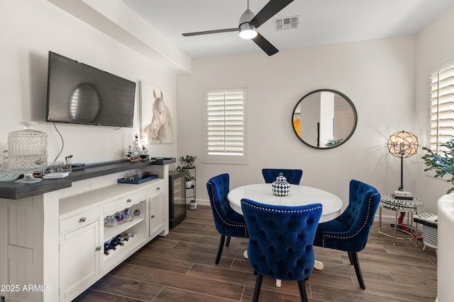 dining room with a ceiling fan, plenty of natural light, visible vents, and wood tiled floor