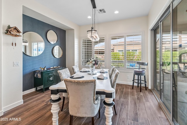 dining space featuring recessed lighting, baseboards, visible vents, and wood finish floors