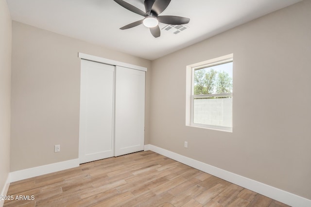 1501 E Sheridan St, Phoenix, AZ 85006 - unfurnished bedroom featuring baseboards, light wood finished floors, a closet, and ceiling fan