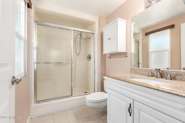 10126 W Sombrero Cir, Sun City, AZ 85373 - bathroom featuring vanity, a shower stall, tile patterned flooring, and toilet
