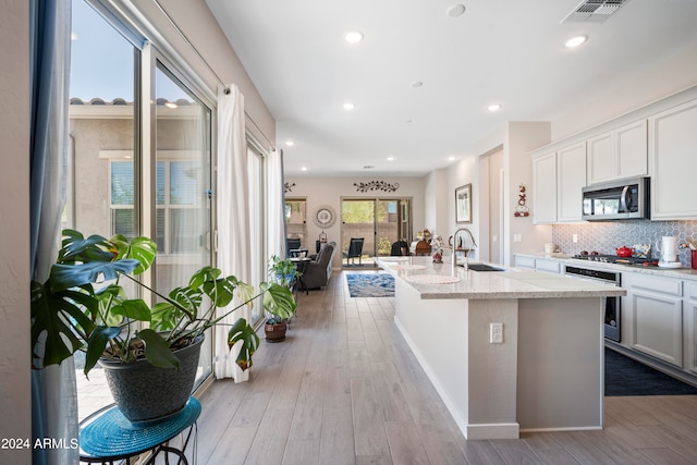 kitchen featuring light hardwood / wood-style flooring, appliances with stainless steel finishes, light stone countertops, sink, and a center island with sink