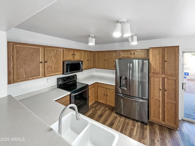 kitchen with stainless steel appliances, dark hardwood / wood-style floors, and sink