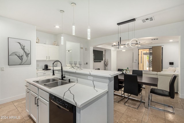 kitchen featuring dishwasher, white cabinetry, sink, light tile patterned flooring, and a kitchen island with sink