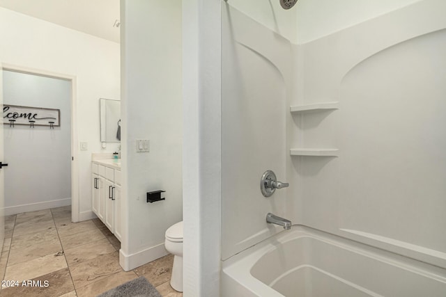 full bathroom featuring vanity, toilet, bathtub / shower combination, and tile patterned floors